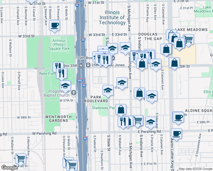 map of restaurants, bars, coffee shops, grocery stores, and more near 3604 South State Street in Chicago