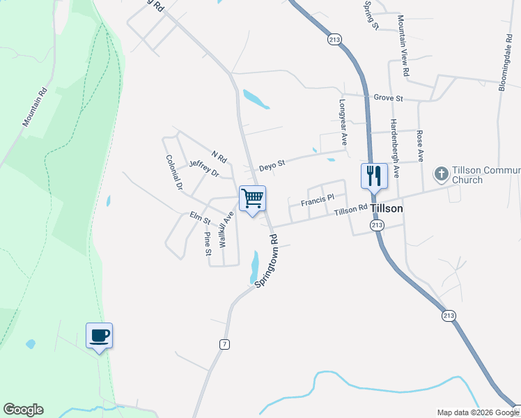 map of restaurants, bars, coffee shops, grocery stores, and more near 744 Springtown Road in Tillson