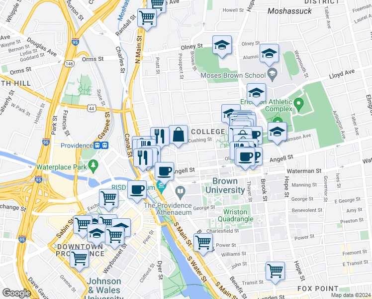 map of restaurants, bars, coffee shops, grocery stores, and more near 100 Meeting Street in Providence