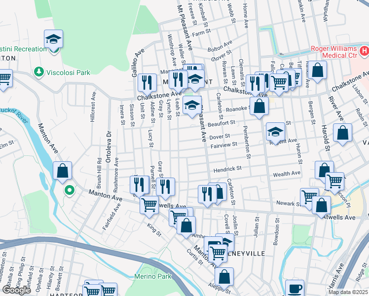 map of restaurants, bars, coffee shops, grocery stores, and more near 131 Fairview St in Providence