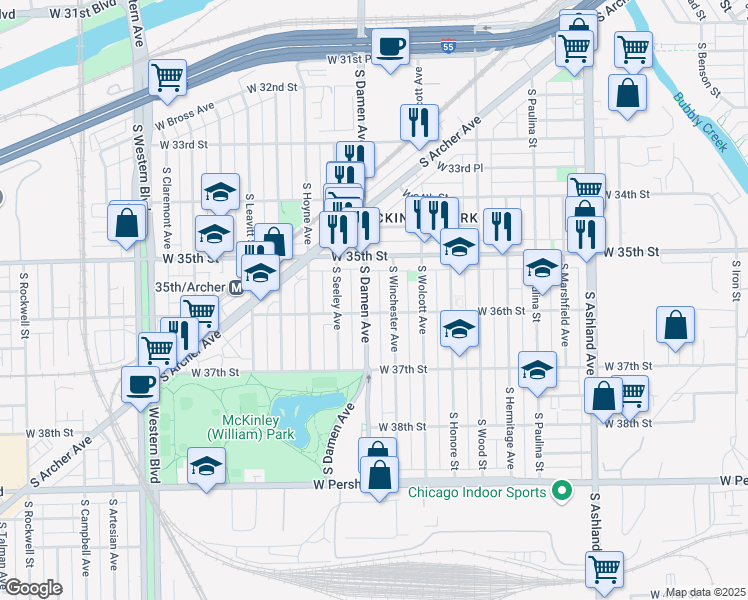 map of restaurants, bars, coffee shops, grocery stores, and more near 3549 South Damen Avenue in Chicago