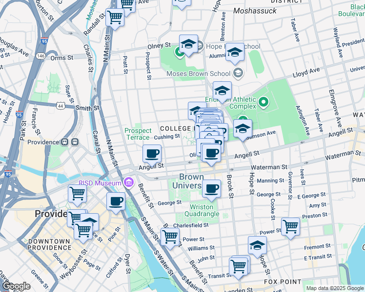 map of restaurants, bars, coffee shops, grocery stores, and more near Brown Street in Providence