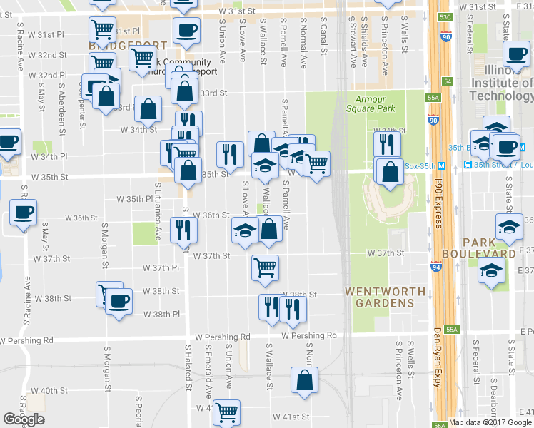 map of restaurants, bars, coffee shops, grocery stores, and more near South Wallace Street & West 36th Street in Chicago