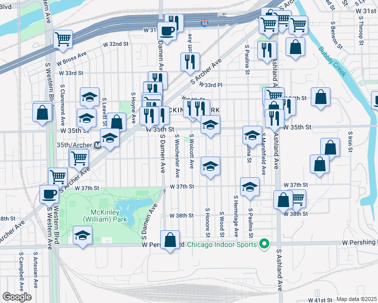 map of restaurants, bars, coffee shops, grocery stores, and more near 3550 South Wolcott Avenue in Chicago
