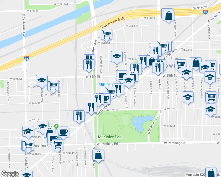 map of restaurants, bars, coffee shops, grocery stores, and more near 3545 South Oakley Avenue in Chicago