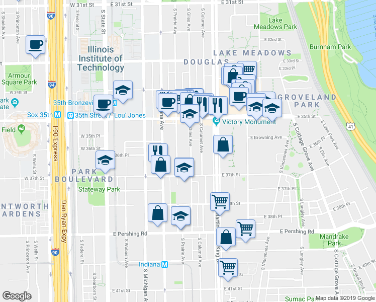 map of restaurants, bars, coffee shops, grocery stores, and more near 3606 South Giles Avenue in Chicago