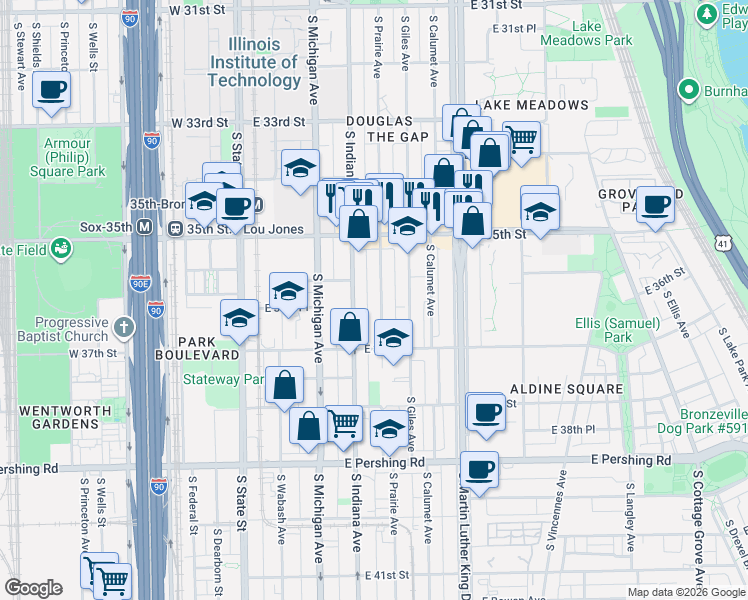 map of restaurants, bars, coffee shops, grocery stores, and more near 3604 South Prairie Avenue in Chicago