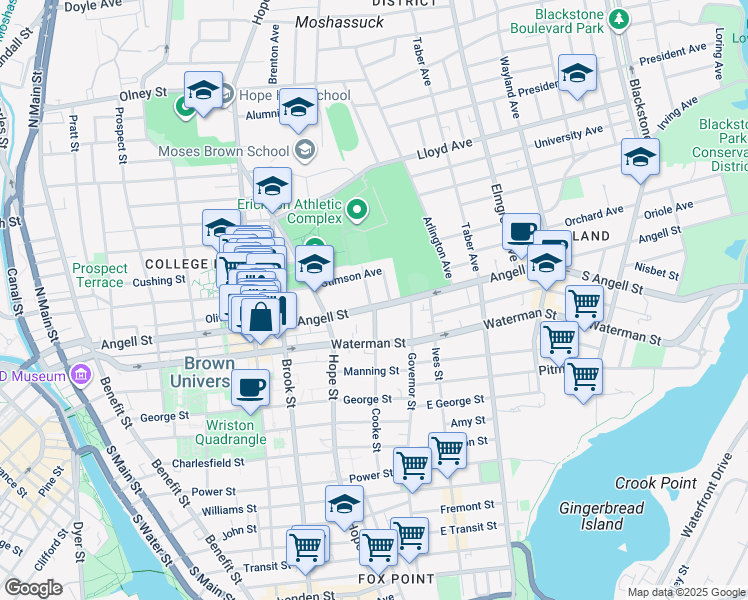 map of restaurants, bars, coffee shops, grocery stores, and more near 302 Angell Street in Providence