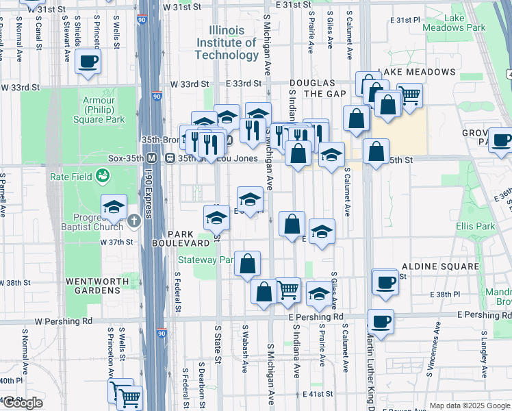 map of restaurants, bars, coffee shops, grocery stores, and more near 3622 South Michigan Avenue in Chicago