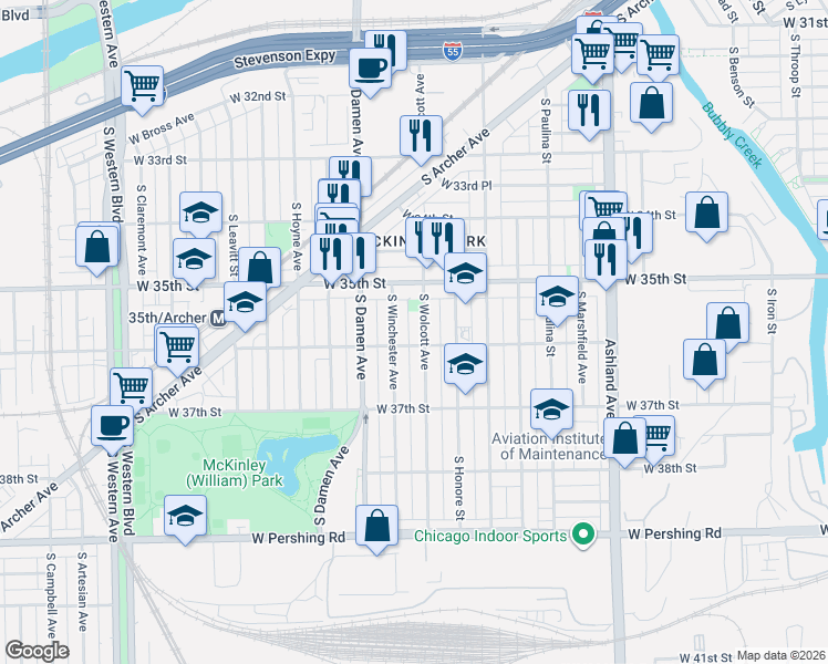 map of restaurants, bars, coffee shops, grocery stores, and more near 3550 South Wolcott Avenue in Chicago
