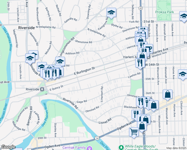 map of restaurants, bars, coffee shops, grocery stores, and more near 176 East Quincy Street in Riverside