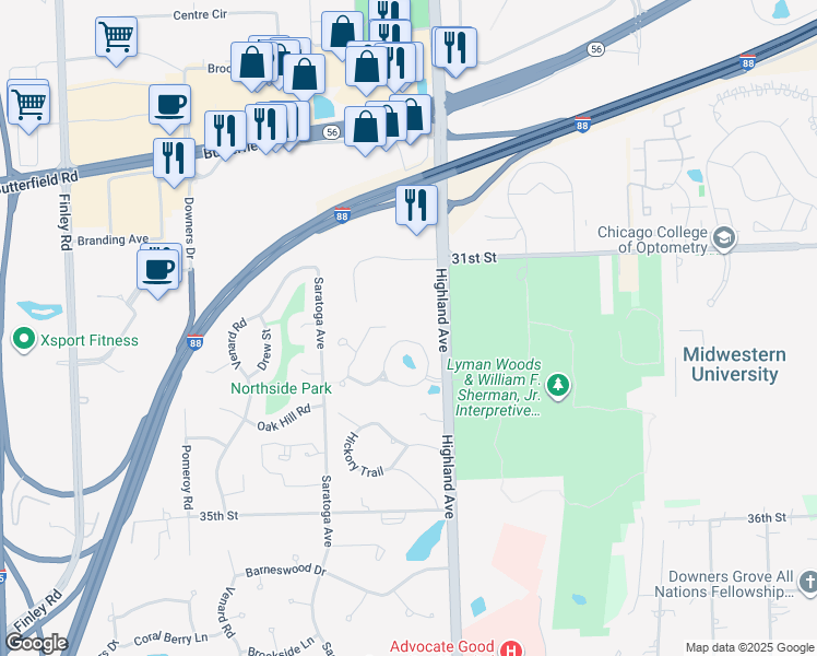 map of restaurants, bars, coffee shops, grocery stores, and more near 1040 Braemoor Drive in Downers Grove