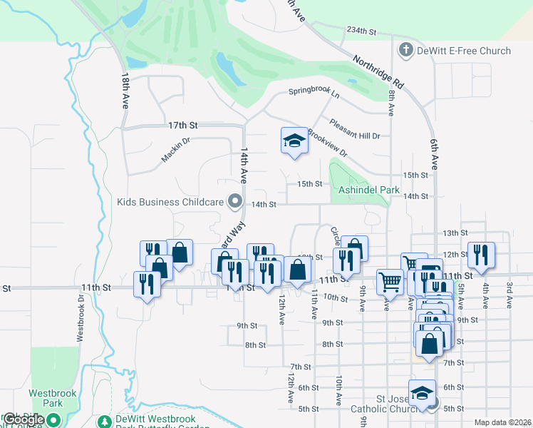 map of restaurants, bars, coffee shops, grocery stores, and more near 1301 14th Street in DeWitt
