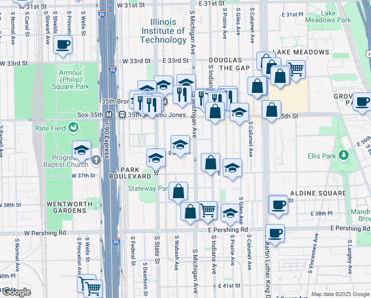 map of restaurants, bars, coffee shops, grocery stores, and more near 3622 South Michigan Avenue in Chicago