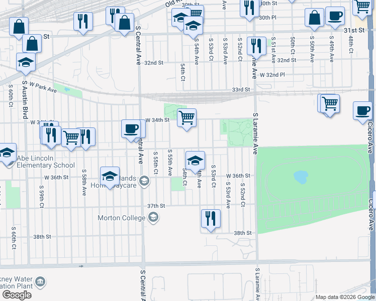 map of restaurants, bars, coffee shops, grocery stores, and more near 3501 54th Court in Cicero