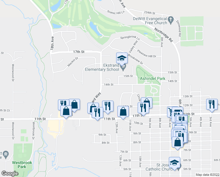 map of restaurants, bars, coffee shops, grocery stores, and more near 1301 14th Street in DeWitt