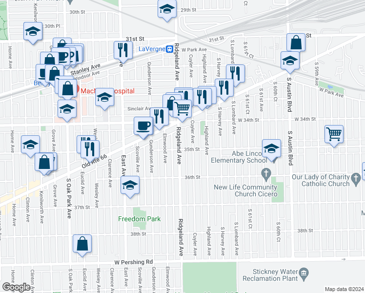 map of restaurants, bars, coffee shops, grocery stores, and more near 3447 Ridgeland Avenue in Berwyn