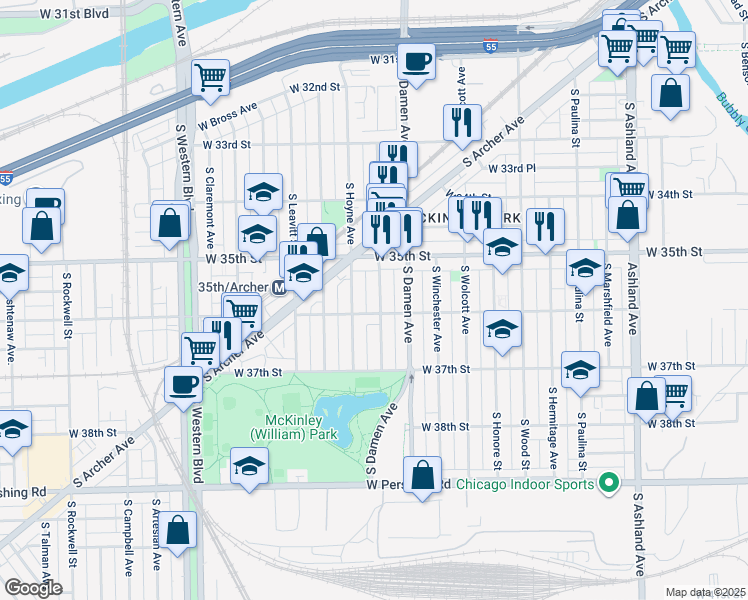map of restaurants, bars, coffee shops, grocery stores, and more near 3544 South Seeley Avenue in Chicago