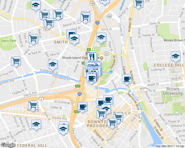 map of restaurants, bars, coffee shops, grocery stores, and more near 57 Providence Place in Providence