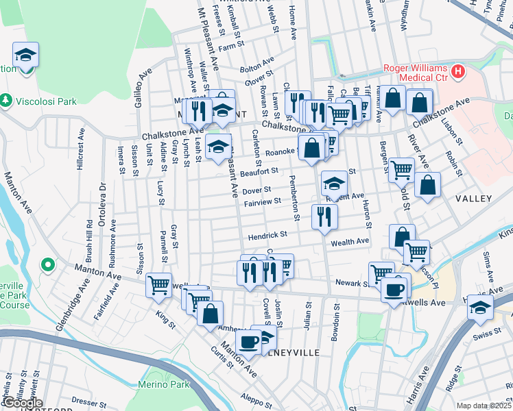 map of restaurants, bars, coffee shops, grocery stores, and more near 60 Fairview Street in Providence