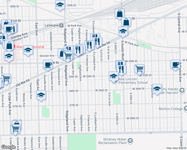 map of restaurants, bars, coffee shops, grocery stores, and more near 3448 Lombard Avenue in Berwyn