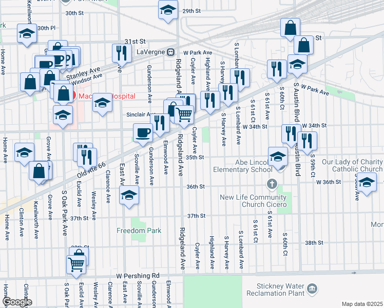 map of restaurants, bars, coffee shops, grocery stores, and more near 3444 Cuyler Avenue in Berwyn