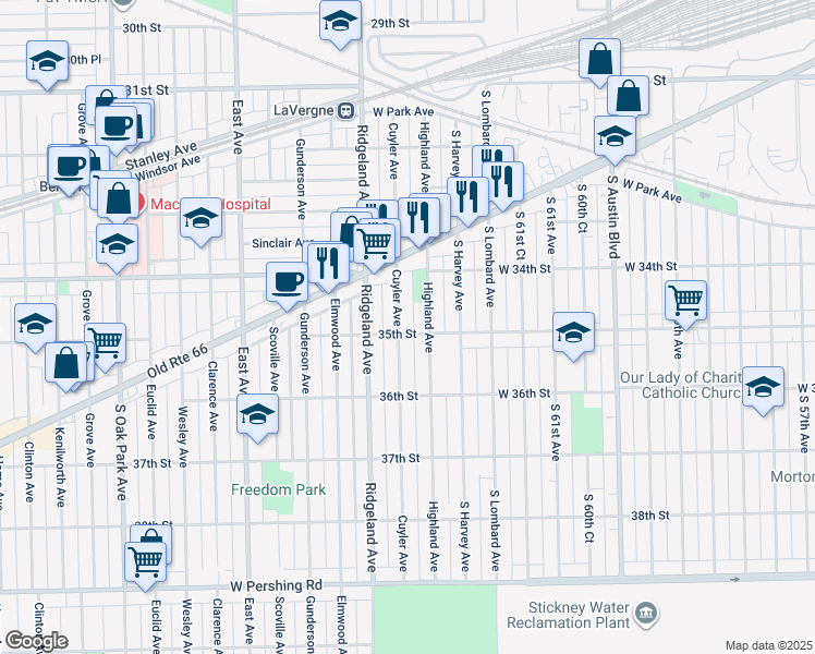 map of restaurants, bars, coffee shops, grocery stores, and more near 3447 Cuyler Avenue in Berwyn