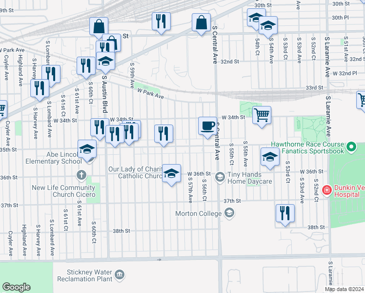 map of restaurants, bars, coffee shops, grocery stores, and more near 5709 35th Street in Cicero