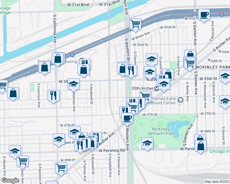 map of restaurants, bars, coffee shops, grocery stores, and more near 3540 S Artesian Ave in Chicago