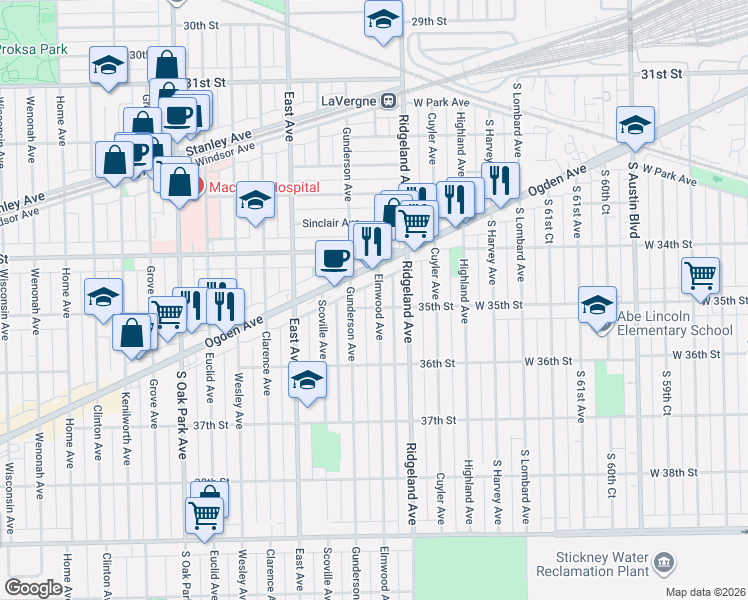 map of restaurants, bars, coffee shops, grocery stores, and more near 3446 Elmwood Avenue in Berwyn