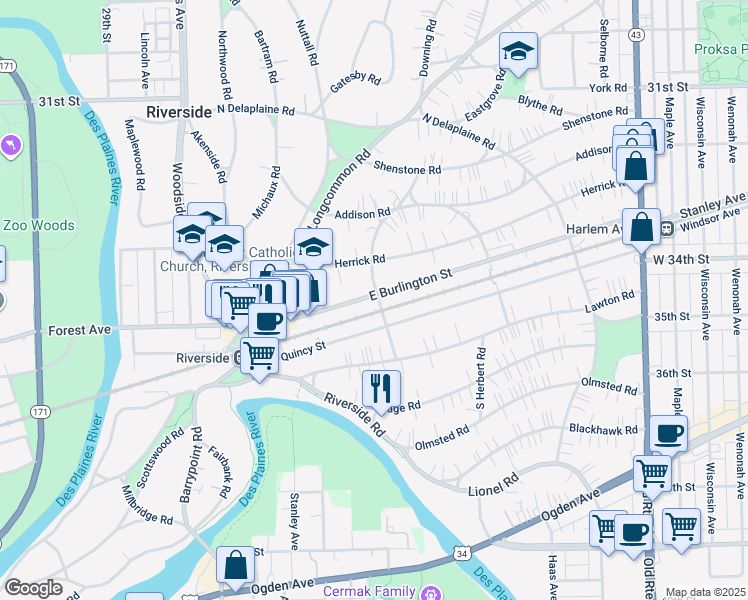 map of restaurants, bars, coffee shops, grocery stores, and more near 115 East Burlington Street in Riverside