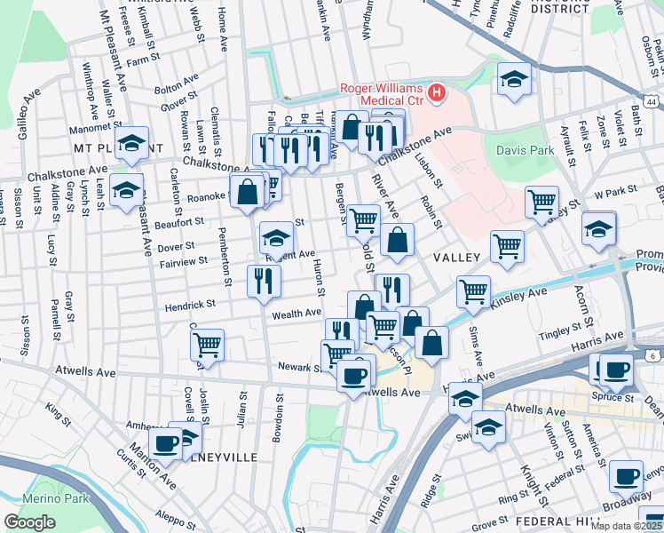 map of restaurants, bars, coffee shops, grocery stores, and more near 10 Alton Street in Providence