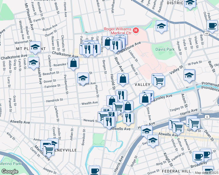 map of restaurants, bars, coffee shops, grocery stores, and more near 88 Allston Street in Providence