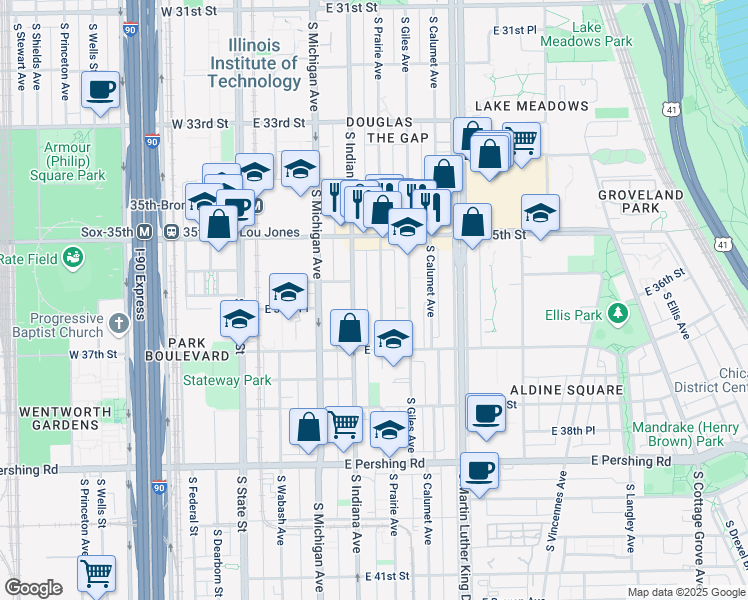 map of restaurants, bars, coffee shops, grocery stores, and more near 3604 South Prairie Avenue in Chicago