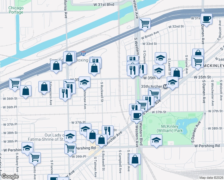 map of restaurants, bars, coffee shops, grocery stores, and more near 3535 South Maplewood Avenue in Chicago