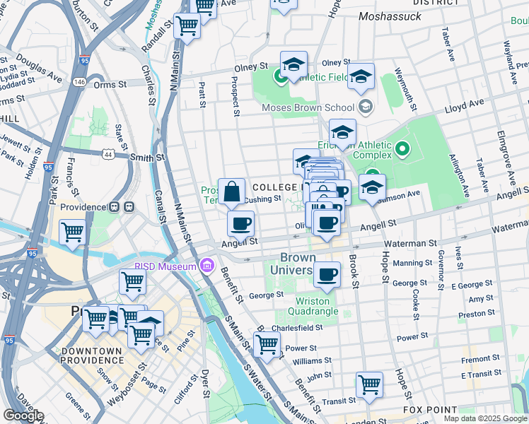 map of restaurants, bars, coffee shops, grocery stores, and more near 130 Meeting Street in Providence