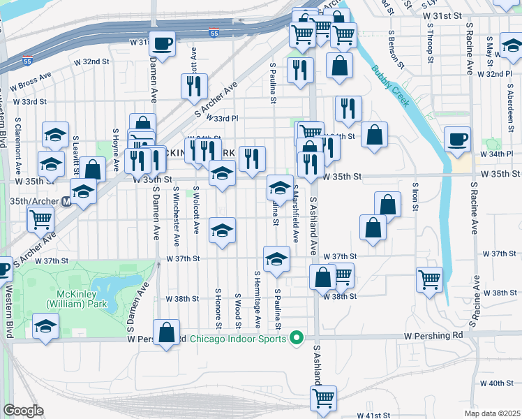 map of restaurants, bars, coffee shops, grocery stores, and more near 3549 South Hermitage Avenue in Chicago