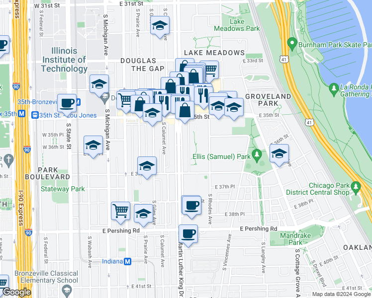 map of restaurants, bars, coffee shops, grocery stores, and more near 3609 South King Drive in Chicago