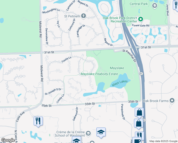 map of restaurants, bars, coffee shops, grocery stores, and more near 123 Saint Francis Circle in Oak Brook