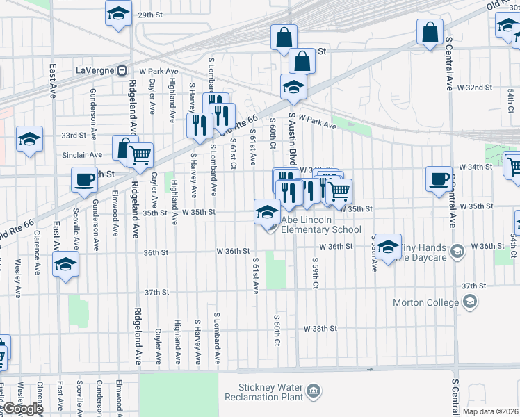 map of restaurants, bars, coffee shops, grocery stores, and more near 3447 South 61st Avenue in Cicero