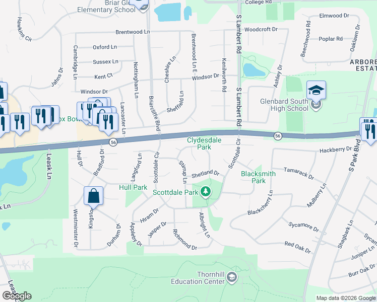 map of restaurants, bars, coffee shops, grocery stores, and more near 1844 Clydesdale Drive in Wheaton