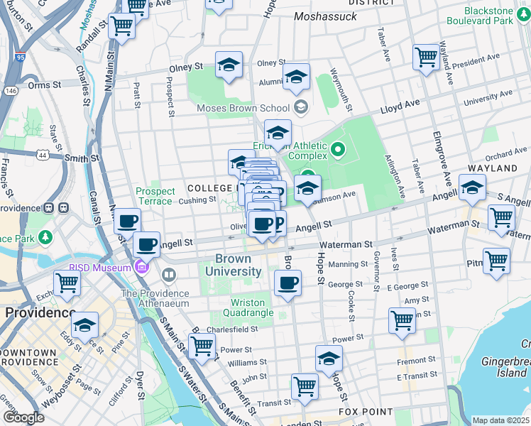 map of restaurants, bars, coffee shops, grocery stores, and more near 245 Meeting Street in Providence