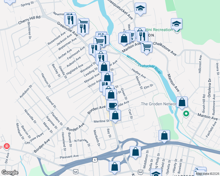 map of restaurants, bars, coffee shops, grocery stores, and more near 41 King St in Johnston