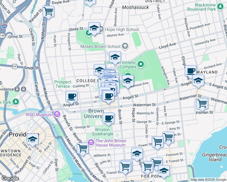 map of restaurants, bars, coffee shops, grocery stores, and more near 241 Meeting Street in Providence