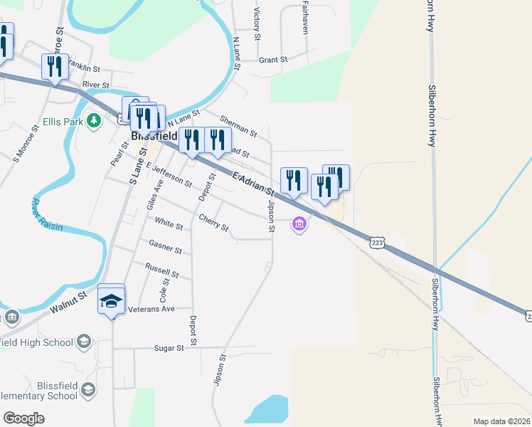 map of restaurants, bars, coffee shops, grocery stores, and more near 331 East Jefferson Street in Blissfield