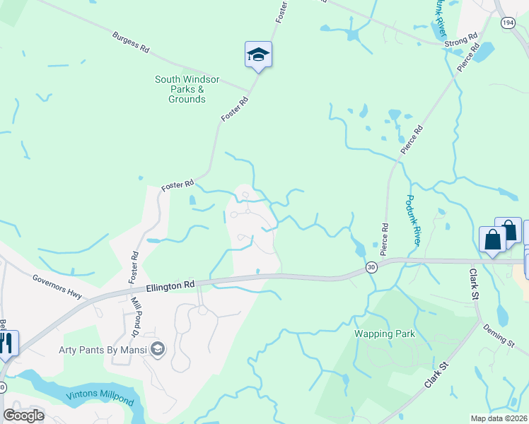 map of restaurants, bars, coffee shops, grocery stores, and more near 10 Victorian Woods Lane in South Windsor