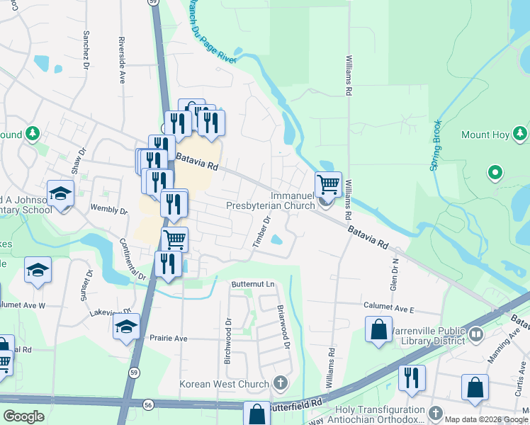 map of restaurants, bars, coffee shops, grocery stores, and more near 2S738 Timber Drive in Warrenville