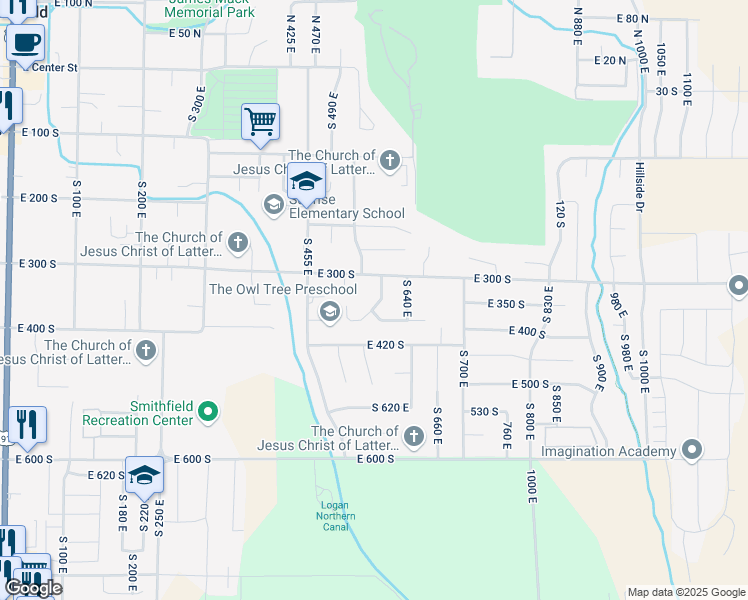 map of restaurants, bars, coffee shops, grocery stores, and more near 335 South 600 East in Smithfield
