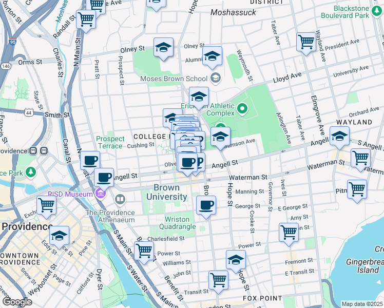 map of restaurants, bars, coffee shops, grocery stores, and more near 245 Meeting Street in Providence