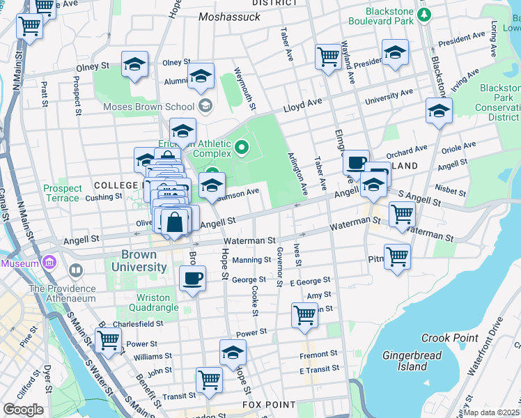 map of restaurants, bars, coffee shops, grocery stores, and more near 302 Angell Street in Providence